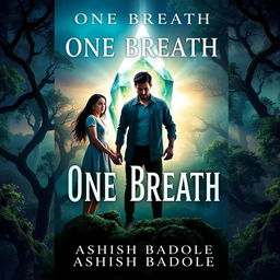A captivating book cover for 'One Breath' by Ashish Badole, showcasing a magical twilight scene where the title glows enchanting above an ancient, dense forest