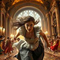 A scene capturing a palace maid, around 18 years old, with flowing brown hair and striking silver eyes, sprinting desperately through an ornate palace engulfed in chaos