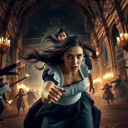 A scene capturing a palace maid, around 18 years old, with flowing brown hair and striking silver eyes, sprinting desperately through an ornate palace engulfed in chaos