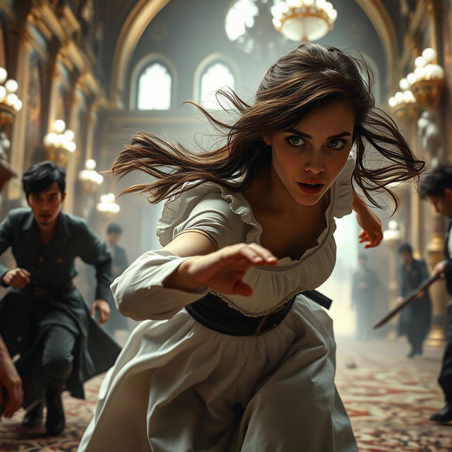 A scene capturing a palace maid, around 18 years old, with flowing brown hair and striking silver eyes, sprinting desperately through an ornate palace engulfed in chaos