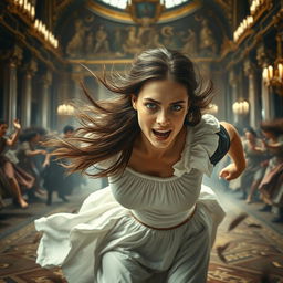 A scene capturing a palace maid, around 18 years old, with flowing brown hair and striking silver eyes, sprinting desperately through an ornate palace engulfed in chaos