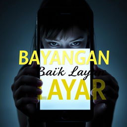 A book cover for a title "Bayangan di Balik Layar" which translates to "Shadows Behind the Screen", featuring a young woman cast in shadow behind a smartphone screen