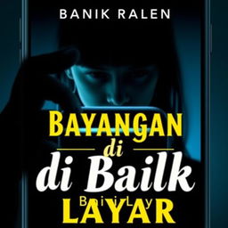 A book cover for a title "Bayangan di Balik Layar" which translates to "Shadows Behind the Screen", featuring a young woman cast in shadow behind a smartphone screen
