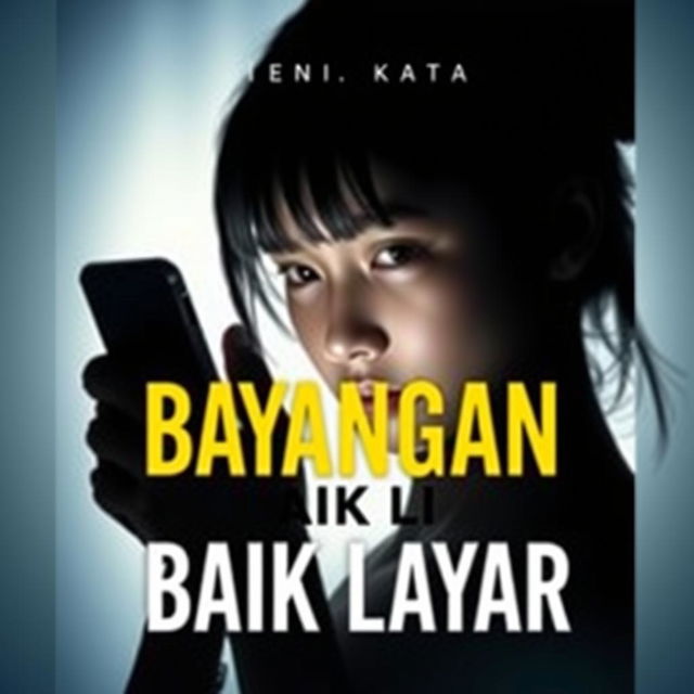 A book cover for a title "Bayangan di Balik Layar" which translates to "Shadows Behind the Screen", featuring a young woman cast in shadow behind a smartphone screen