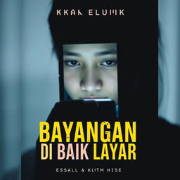 A book cover for a title "Bayangan di Balik Layar" which translates to "Shadows Behind the Screen", featuring a young woman cast in shadow behind a smartphone screen