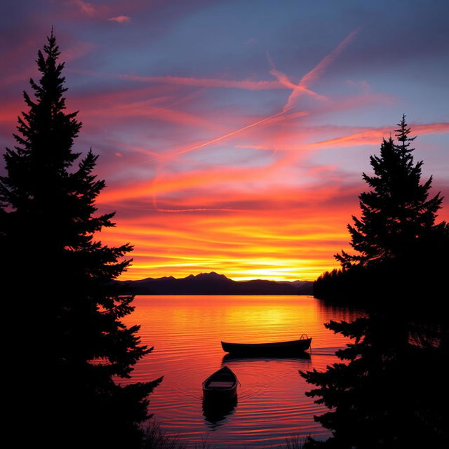 A dramatic sunset over a serene lake, with vibrant hues of orange, pink, and purple reflecting on the water's surface