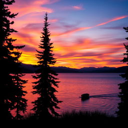 A dramatic sunset over a serene lake, with vibrant hues of orange, pink, and purple reflecting on the water's surface