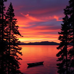 A dramatic sunset over a serene lake, with vibrant hues of orange, pink, and purple reflecting on the water's surface