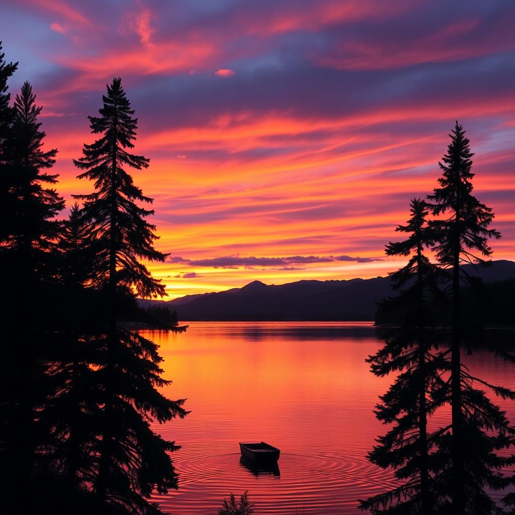 A dramatic sunset over a serene lake, with vibrant hues of orange, pink, and purple reflecting on the water's surface