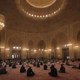 Inside the delicate architectural wonder of the mosque, many people are peacefully engaged in recitation of the Holy Qur'an, their faces lit softly by the warm glow of intricate lanterns.