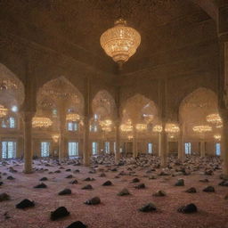 Inside the delicate architectural wonder of the mosque, many people are peacefully engaged in recitation of the Holy Qur'an, their faces lit softly by the warm glow of intricate lanterns.