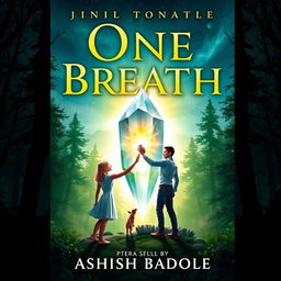 A captivating book cover for 'One Breath' by Ashish Badole, illustrating a magical twilight scene where the title glows ethereally above an ancient forest