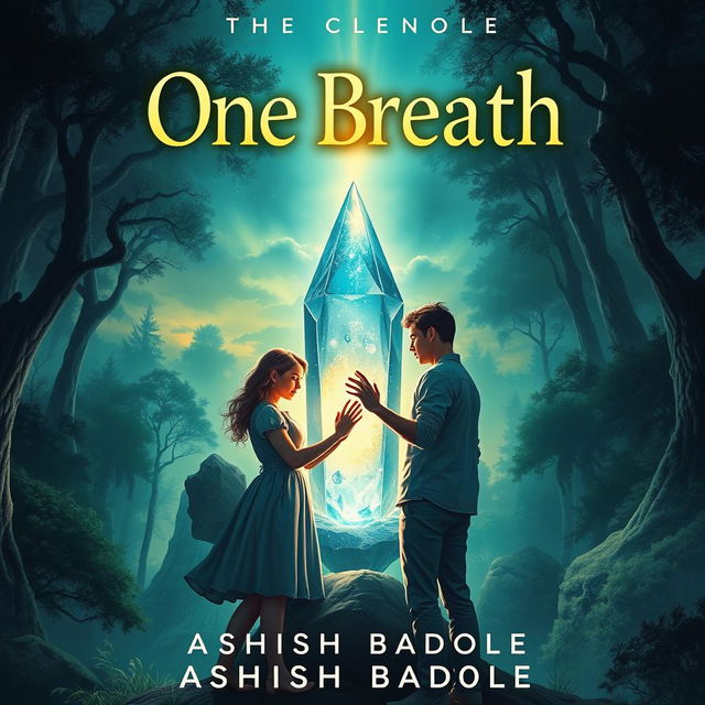 A captivating book cover for 'One Breath' by Ashish Badole, illustrating a magical twilight scene where the title glows ethereally above an ancient forest