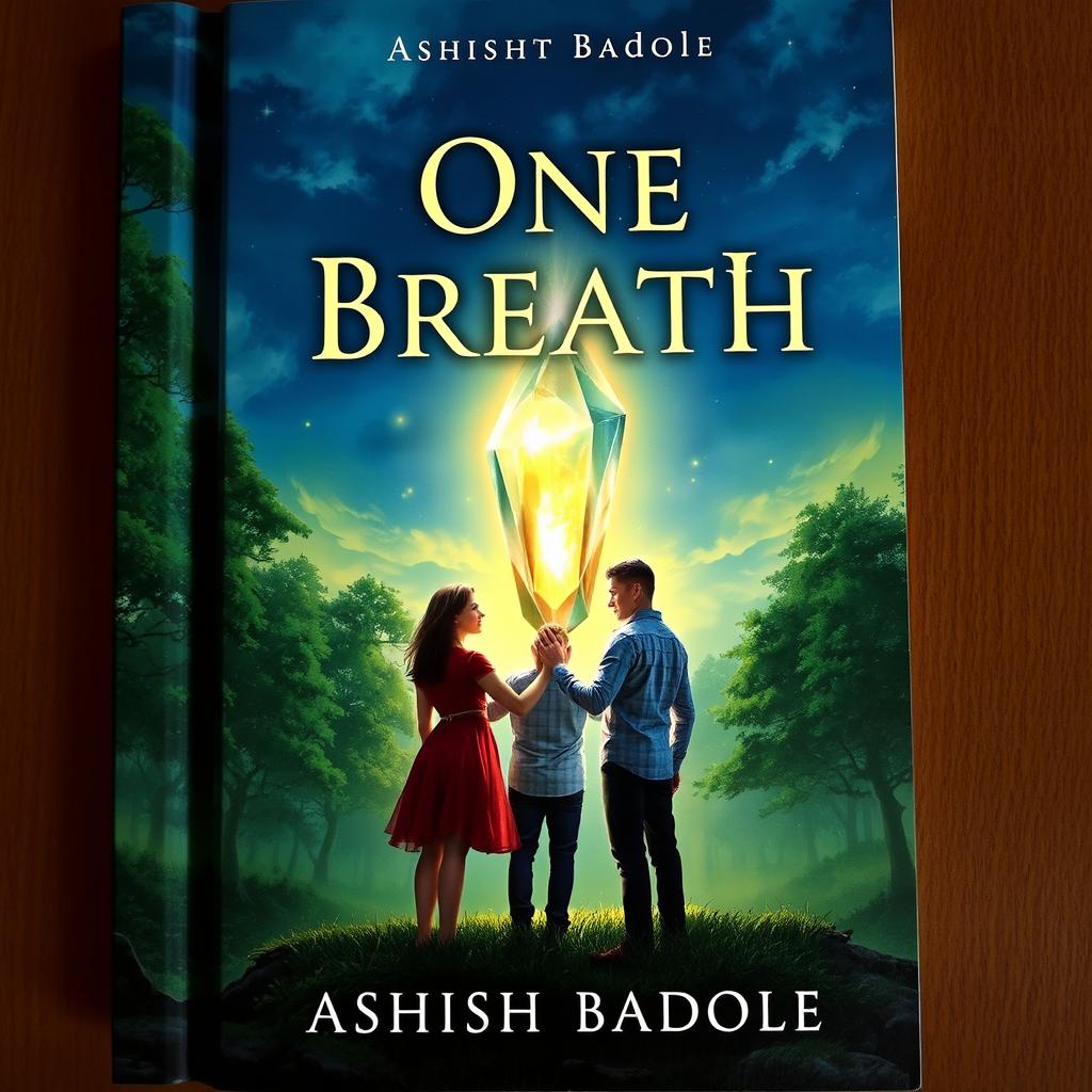 A captivating book cover for 'One Breath' by Ashish Badole, illustrating a magical twilight scene where the title glows ethereally above an ancient forest