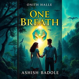 A captivating book cover for 'One Breath' by Ashish Badole, illustrating a magical twilight scene where the title glows ethereally above an ancient forest