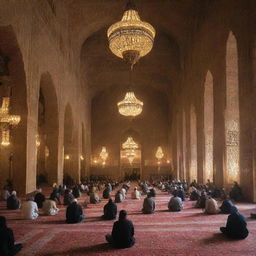 Inside the delicate architectural wonder of the mosque, many people are peacefully engaged in recitation of the Holy Qur'an, their faces lit softly by the warm glow of intricate lanterns.