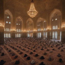 Inside the delicate architectural wonder of the mosque, many people are peacefully engaged in recitation of the Holy Qur'an, their faces lit softly by the warm glow of intricate lanterns.