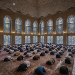 Inside the spiritual tranquility of the mosque, numerous devout individuals are engaged in their Maghrib prayers, their unified movements painting a serene scene under the soft, diffused light filtering through stained glass windows.