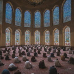 Inside the spiritual tranquility of the mosque, numerous devout individuals are engaged in their Maghrib prayers, their unified movements painting a serene scene under the soft, diffused light filtering through stained glass windows.