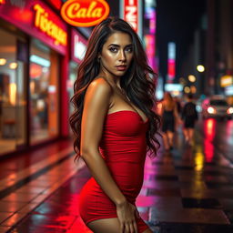 A sexy, alluring woman wearing a form-fitting red dress, confidently posed on a vibrant city street at night, with neon lights reflecting off the rainy pavement