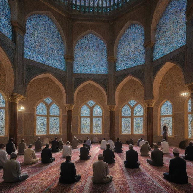 Inside the spiritual tranquility of the mosque, numerous devout individuals are engaged in their Maghrib prayers, their unified movements painting a serene scene under the soft, diffused light filtering through stained glass windows.