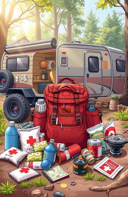 A detailed illustration showcasing a 'Bug In and Bug Out Guide' theme