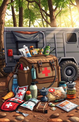 A detailed illustration showcasing a 'Bug In and Bug Out Guide' theme