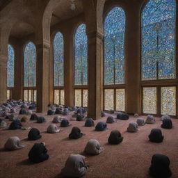 Inside the spiritual tranquility of the mosque, numerous devout individuals are engaged in their Maghrib prayers, their unified movements painting a serene scene under the soft, diffused light filtering through stained glass windows.