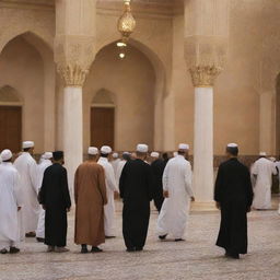 As the Maghrib prayers conclude in the serene mosque, people start to depart for their respective homes, exchanging pleasant greetings and warm smiles, imbuing the setting with a heartwarming sense of community and brotherhood.