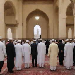 As the Maghrib prayers conclude in the serene mosque, people start to depart for their respective homes, exchanging pleasant greetings and warm smiles, imbuing the setting with a heartwarming sense of community and brotherhood.