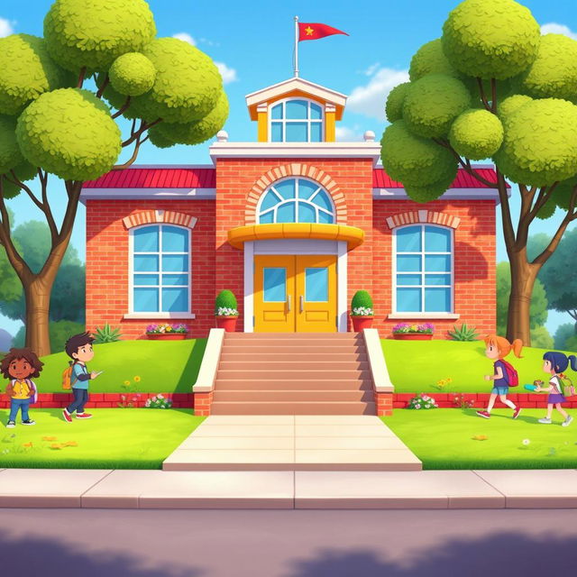 An animated school building designed in a charming and inviting style, featuring a large main structure with colorful brick walls and large windows