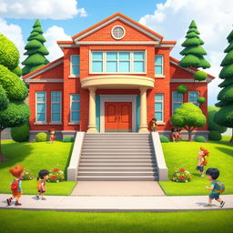 An animated school building designed in a charming and inviting style, featuring a large main structure with colorful brick walls and large windows