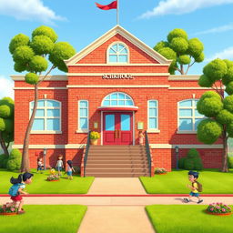An animated school building designed in a charming and inviting style, featuring a large main structure with colorful brick walls and large windows