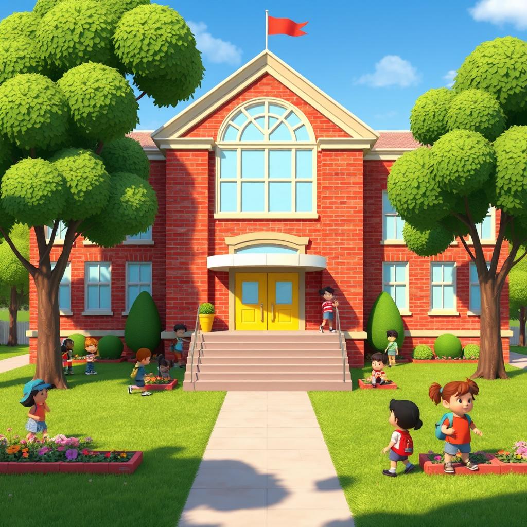 An animated school building designed in a charming and inviting style, featuring a large main structure with colorful brick walls and large windows