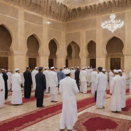 As the Maghrib prayers conclude in the serene mosque, people start to depart for their respective homes, exchanging pleasant greetings and warm smiles, imbuing the setting with a heartwarming sense of community and brotherhood.