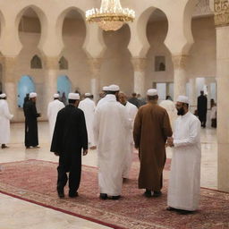 As the Maghrib prayers conclude in the serene mosque, people start to depart for their respective homes, exchanging pleasant greetings and warm smiles, imbuing the setting with a heartwarming sense of community and brotherhood.