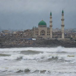 A sudden, dramatic scene where a massive tsunami engulfs a once vibrant city, reducing buildings to rubble. Amidst the catastrophic destruction, only an architecturally magnificent mosque remains undamaged, standing tall as a symbol of resilience.