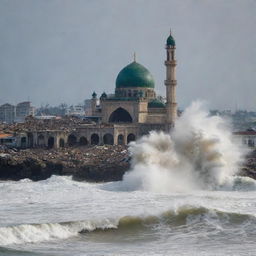 A sudden, dramatic scene where a massive tsunami engulfs a once vibrant city, reducing buildings to rubble. Amidst the catastrophic destruction, only an architecturally magnificent mosque remains undamaged, standing tall as a symbol of resilience.