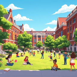 A vibrant animated scene of a college university campus bustling with students