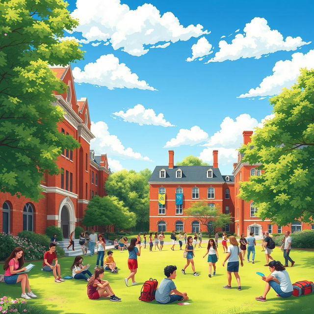 A vibrant animated scene of a college university campus bustling with students