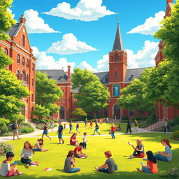 A vibrant animated scene of a college university campus bustling with students