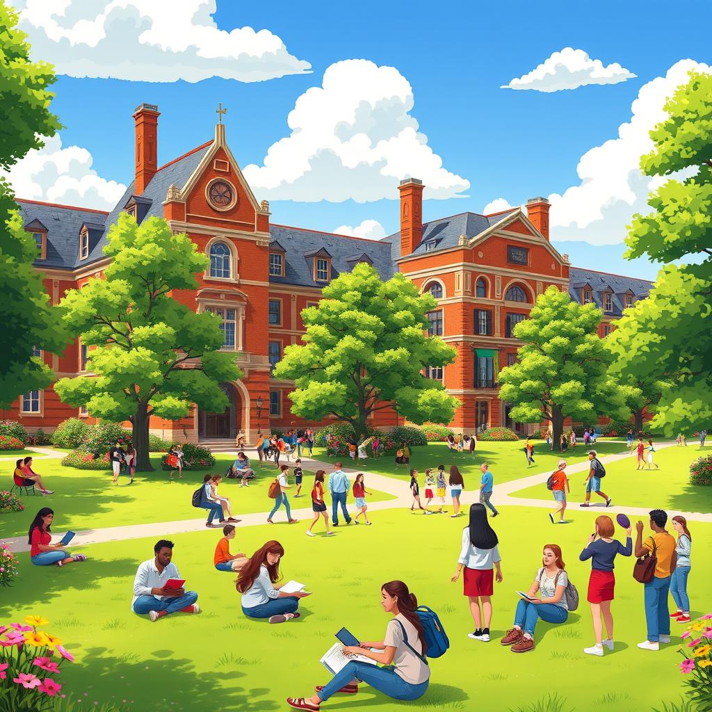 A vibrant animated scene of a college university campus bustling with students