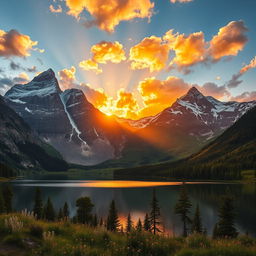 A majestic mountain range with towering peaks, towering snow-capped summits, and lush green valleys below
