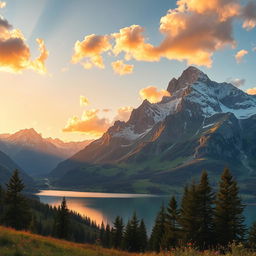 A majestic mountain range with towering peaks, towering snow-capped summits, and lush green valleys below