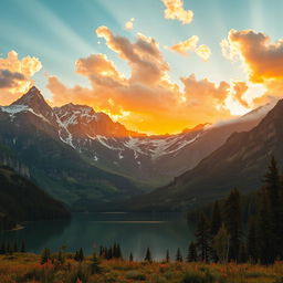 A majestic mountain range with towering peaks, towering snow-capped summits, and lush green valleys below