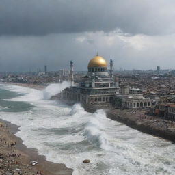 A sudden, dramatic scene where a massive tsunami engulfs a once vibrant city, reducing buildings to rubble. Amidst the catastrophic destruction, only an architecturally magnificent mosque remains undamaged, standing tall as a symbol of resilience.