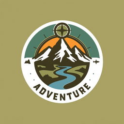 A logo design representing the theme of adventure, incorporating elements such as a rugged mountain silhouette, a compass, and a stylized river winding through the landscape