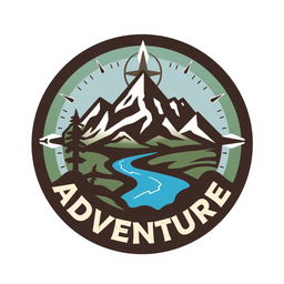 A logo design representing the theme of adventure, incorporating elements such as a rugged mountain silhouette, a compass, and a stylized river winding through the landscape