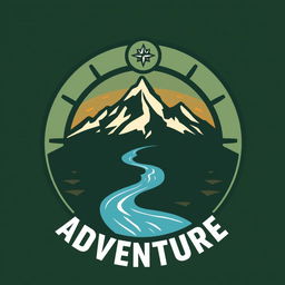 A logo design representing the theme of adventure, incorporating elements such as a rugged mountain silhouette, a compass, and a stylized river winding through the landscape