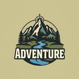 A logo design representing the theme of adventure, incorporating elements such as a rugged mountain silhouette, a compass, and a stylized river winding through the landscape